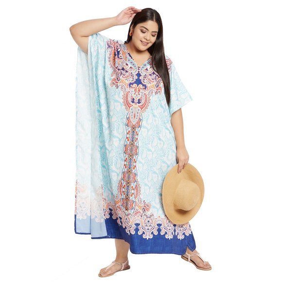 Women Plus Size Beach Cover Up Floral Print Turquoise Kaftan Dress by Gypsie Blu - Picture 3 of 9